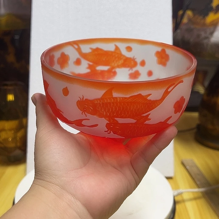 春***莉琉璃手工艺品红色雕刻花瓶花器高7口14