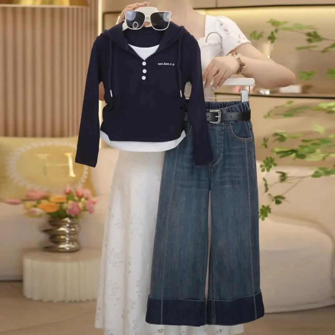 女童秋装套装2025新款洋气中大童假两件针织衫牛仔裤两件套