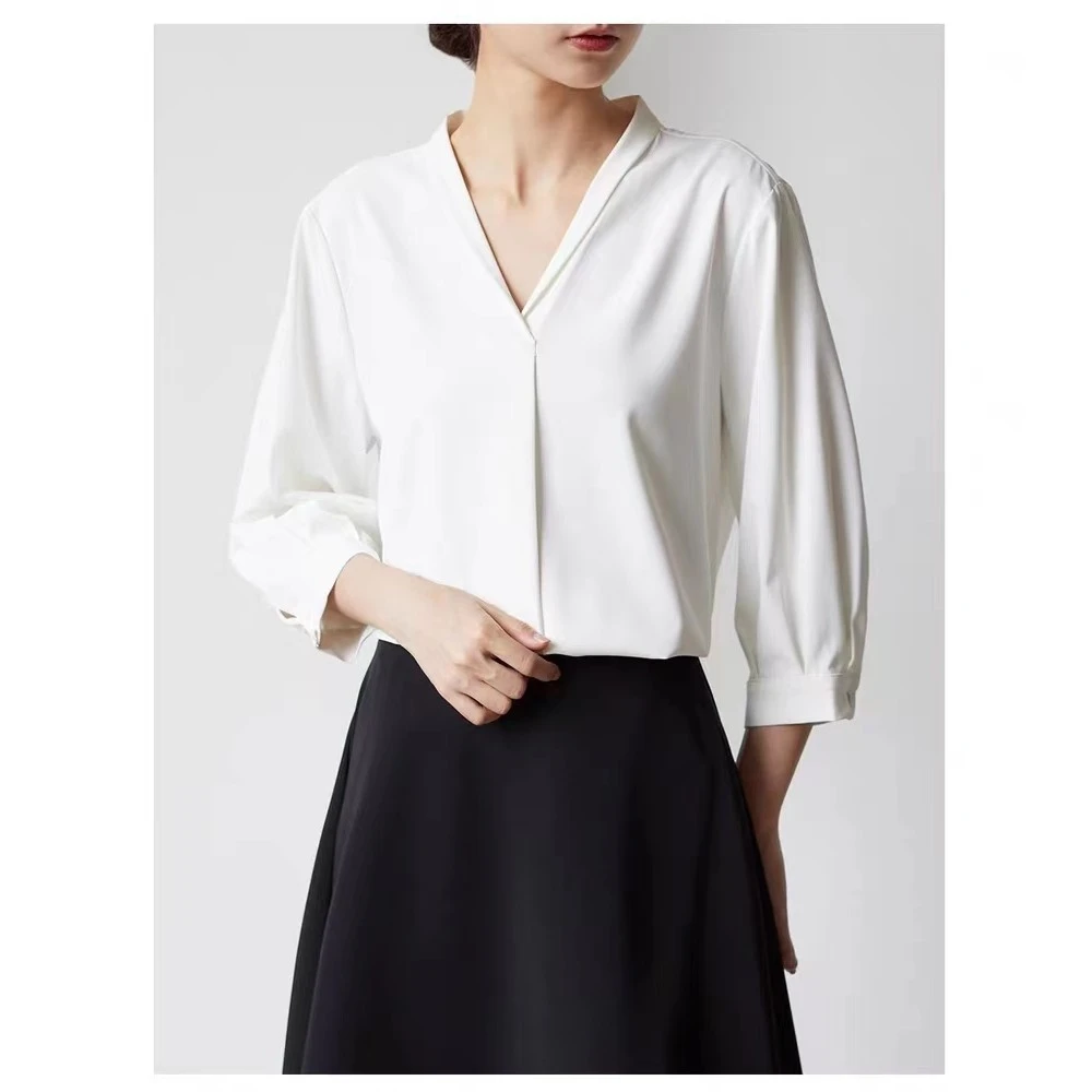 垂感法式通勤简约气质款衬衫时尚显瘦春夏洋气v领抗皱