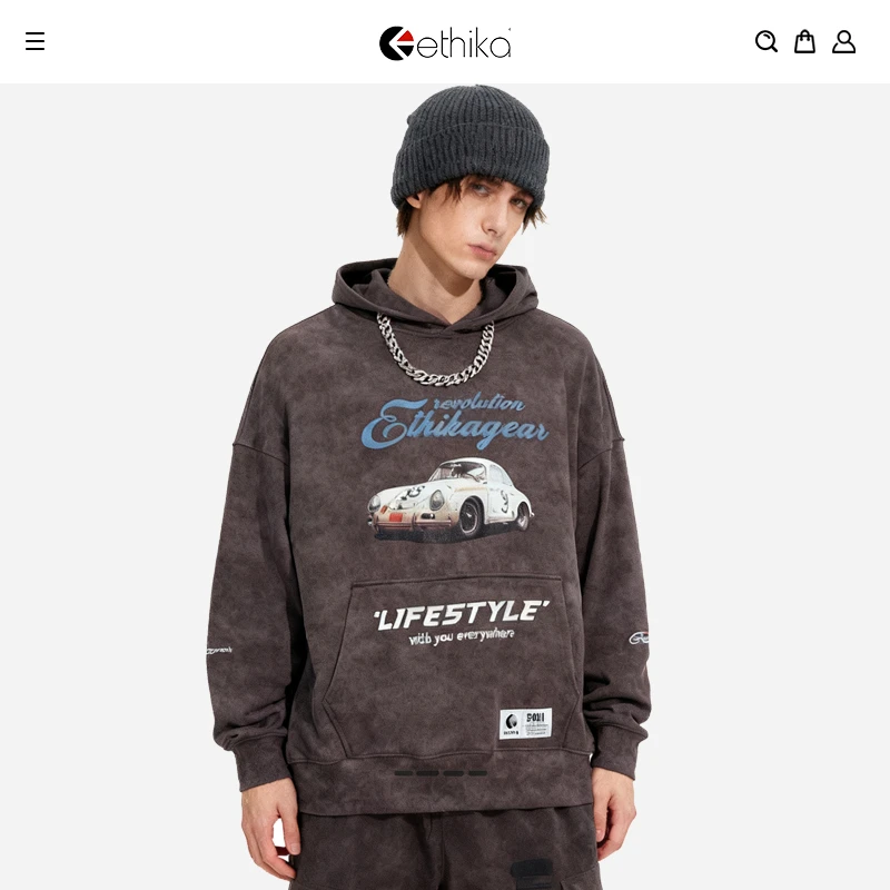 Ethika重磅420克秋季休闲复古水洗琥珀流光男士情侣卫衣连帽潮