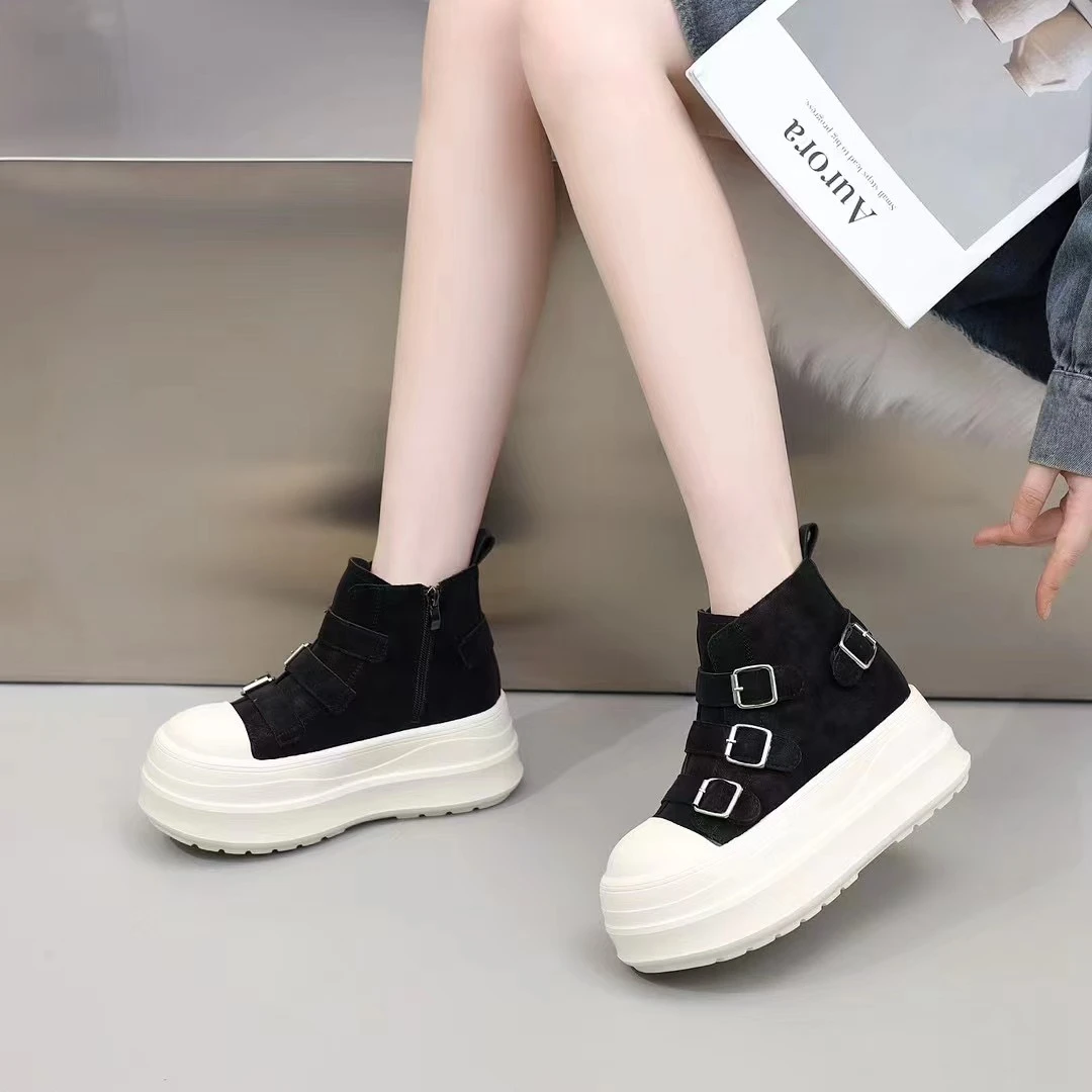 （加棉）2025年新款轻便舒适休闲时尚方扣高帮薄绒款女板鞋235加绒