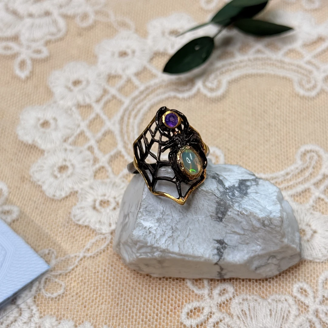 90新  【六六中古】孤品925银欧泊配紫晶戒指th6376港15欧54