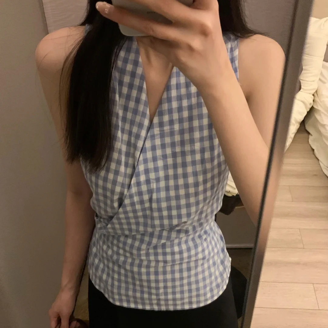 度假风气质V领挂脖背心吊带女春夏复古氛围感无袖上衣