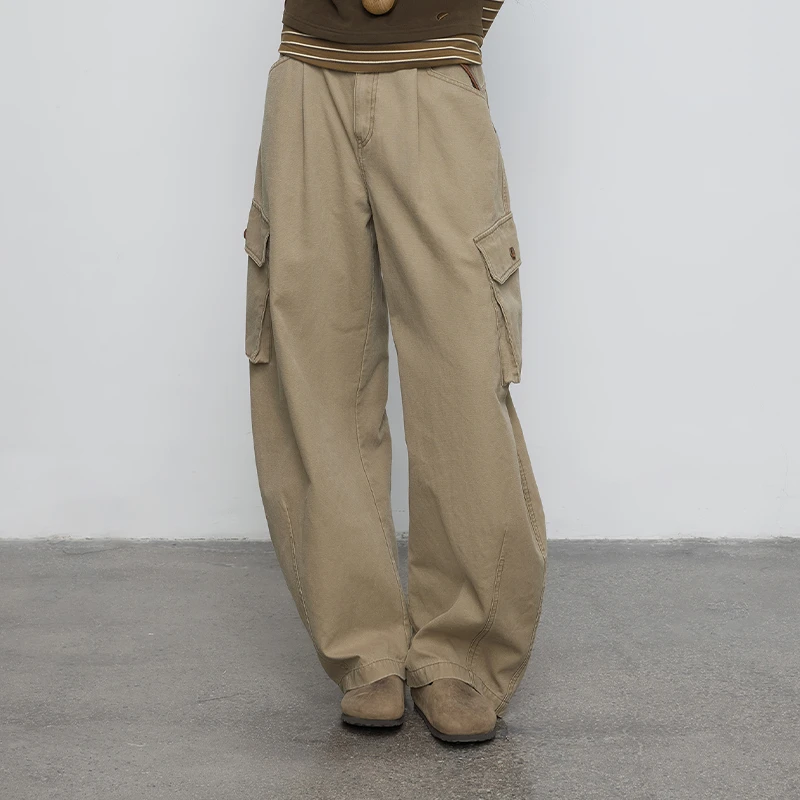 半圆纯棉复古秋季琥珀流光复古卡其弯刀阔腿裤裤子女Q5113798