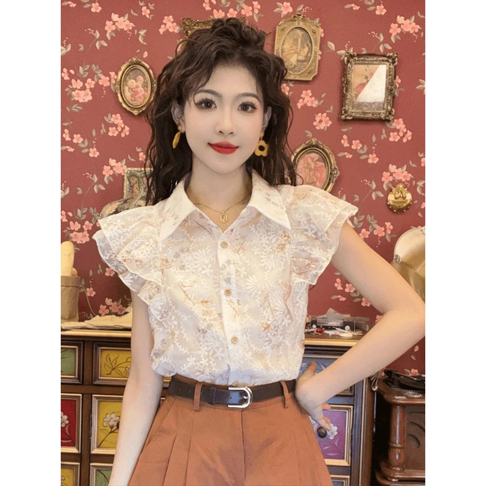 刺绣衬衫女夏款2025新款夏季衬衣时尚气质简约甜美显瘦小飞袖上衣