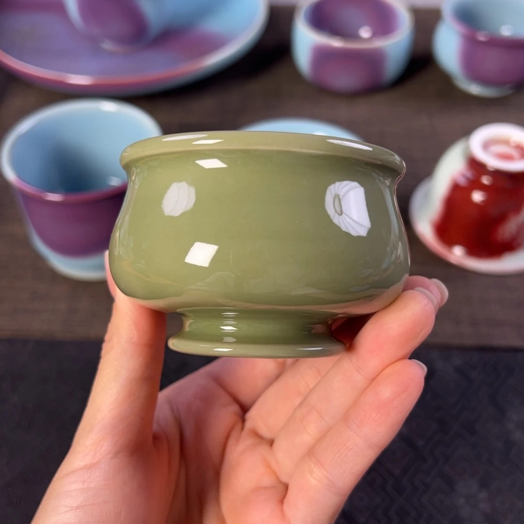 钧窑炉式杯  苔古绿 不开片