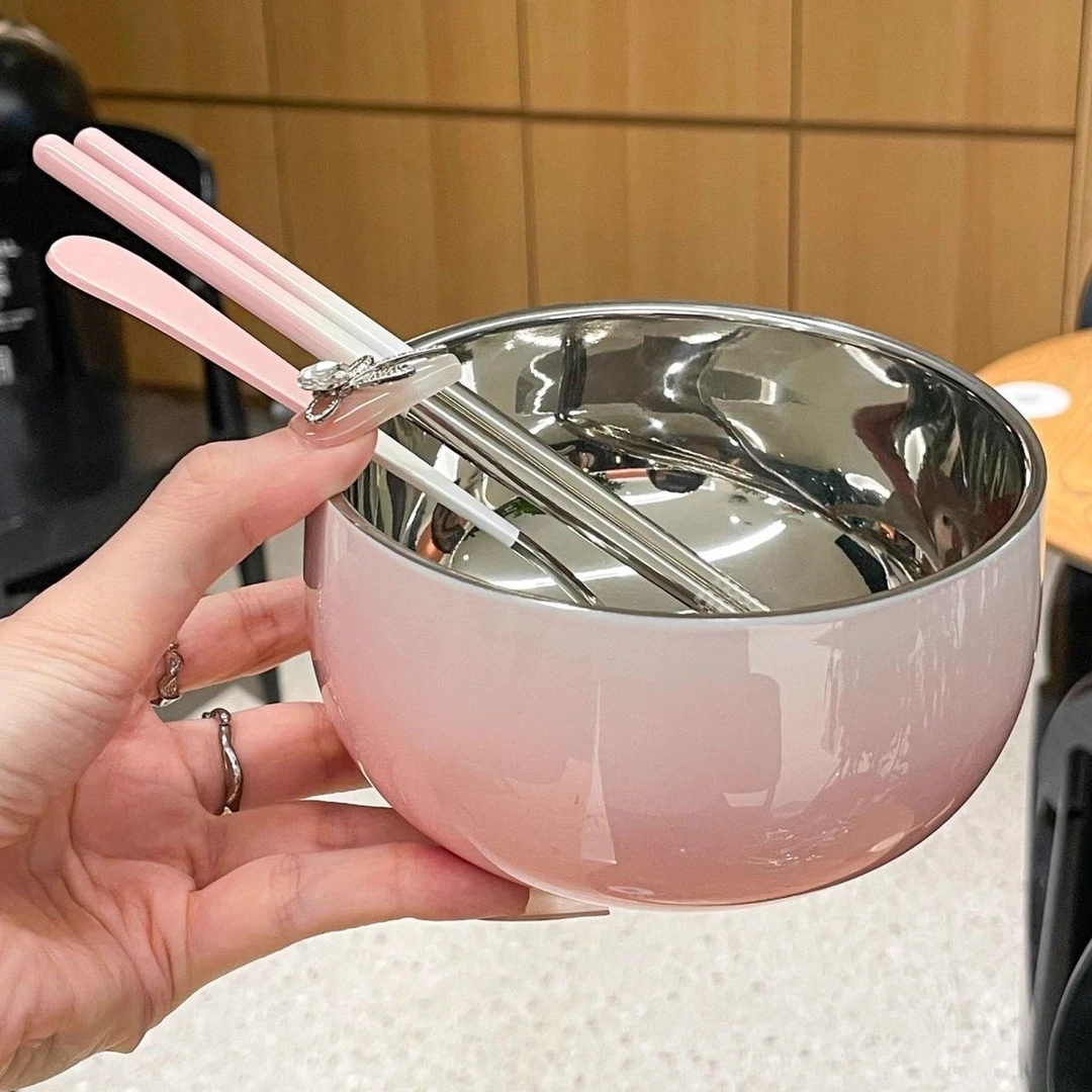 【碗筷勺三件套】不锈钢渐变色圆形碗高颜值加厚防烫双重隔热碗