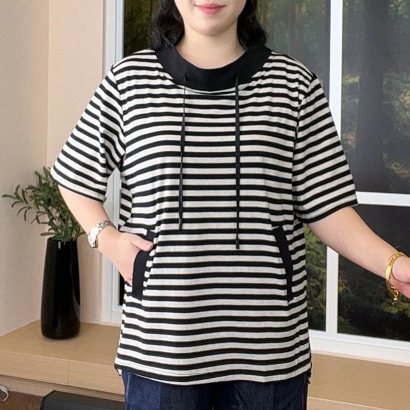 条纹立领百搭T恤女显瘦轻薄大码弹力休闲时尚简约减龄洋气上衣