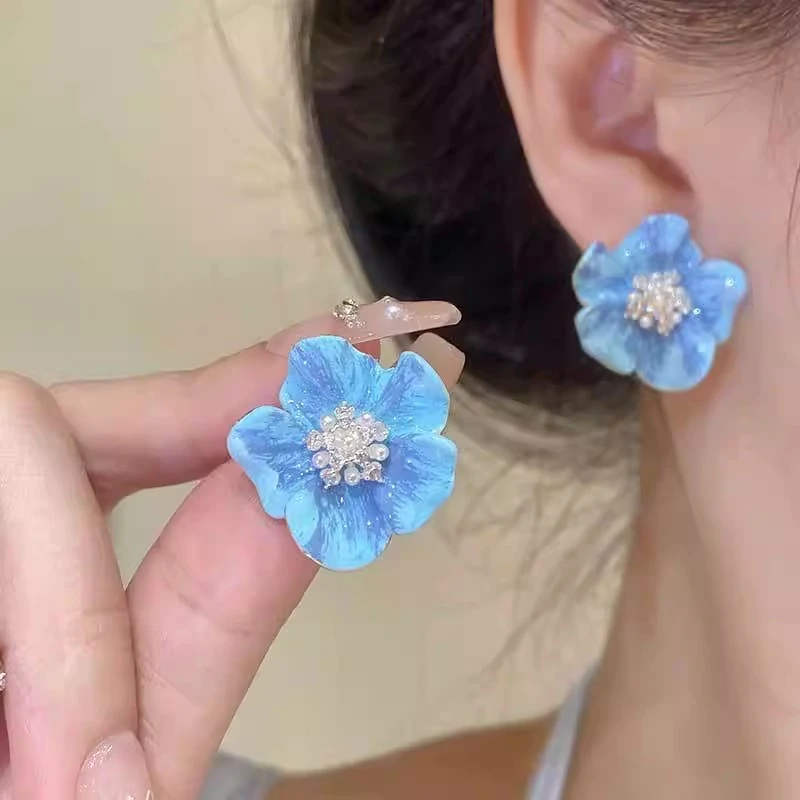铜合金耳饰 清新蓝色海棠花耳钉小众设计感甜美气质耳环百搭耳饰