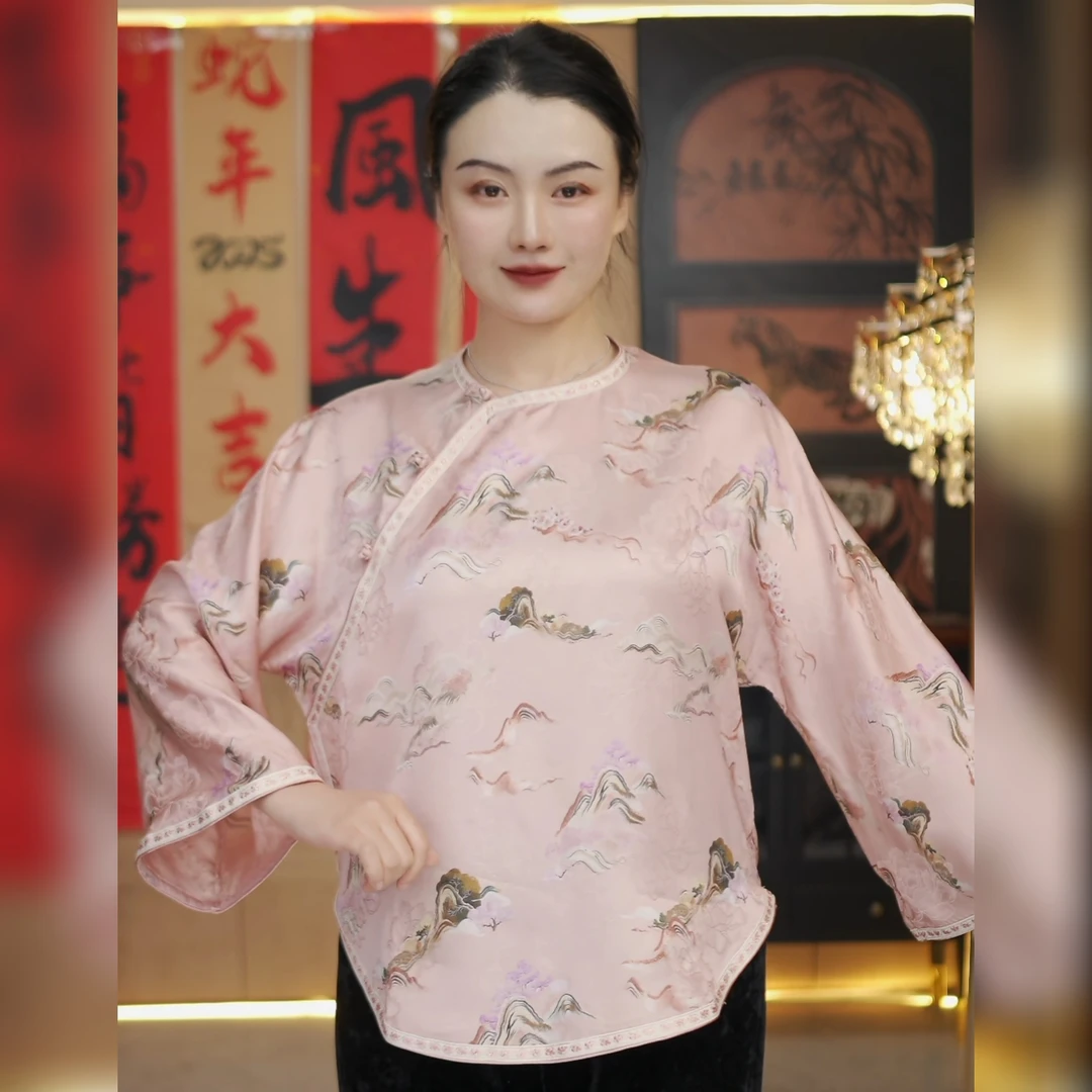 长袖薄款纯色适中单排扣斜襟上衣唐装对襟复古春夏圆领夏季