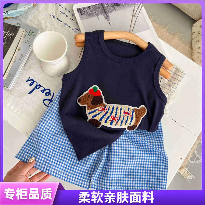 2025新款夏季儿童背心套装男女.童休闲韩版宽松卡通刺绣背心短裤