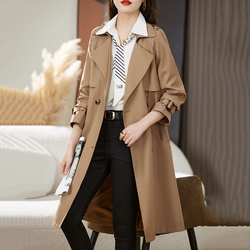 现货春秋季新款女装韩版修身双排扣长款外套女式风衣 ZY8903