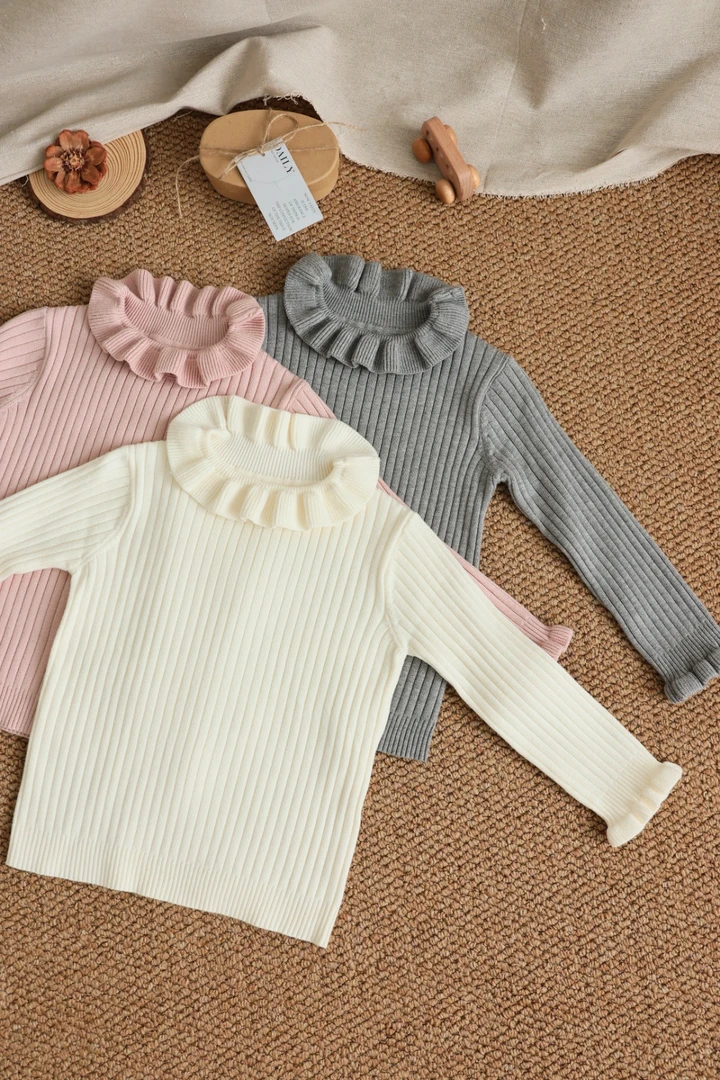 【打底】圆领木耳边针织打底休闲风针织衫女童女韩版圆领女童打底