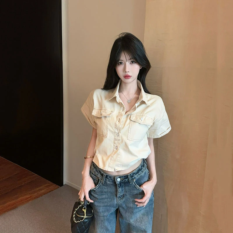 夏季新款法式设计感上衣气质轻熟风翻领短袖白衬衫休闲牛仔裤套装