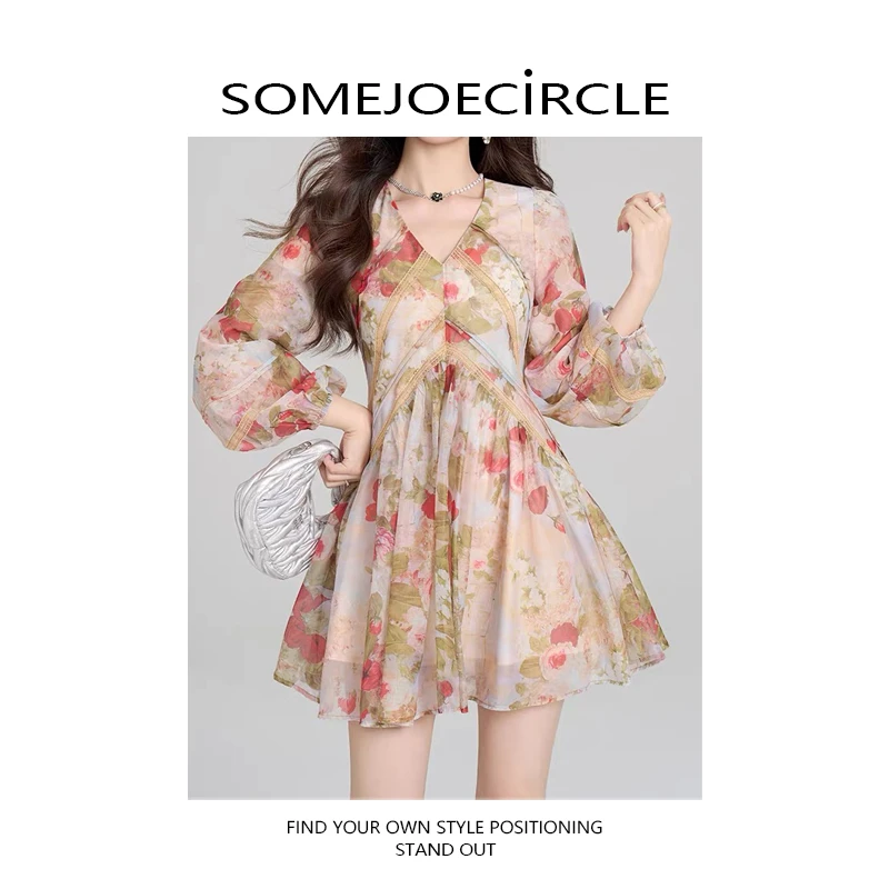SOMEJOECIRCLE【卓Y订单】秋季新款法式茶歇v领蕾丝碎花连衣裙Z6914