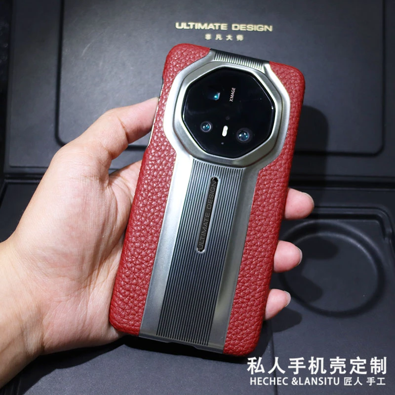 适用华为mate70rs手机壳头层牛皮防摔中间漏标电镀赛道保护款60RS