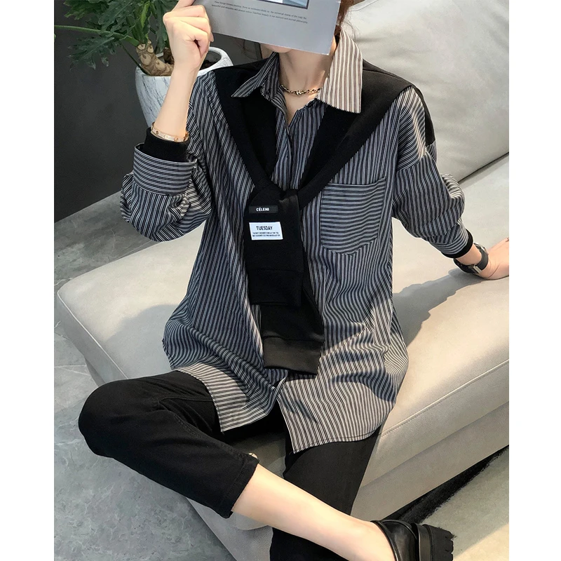 欧洲站2025春秋韩版新品拼接衬衫深灰色条纹披肩休闲长袖上衣女