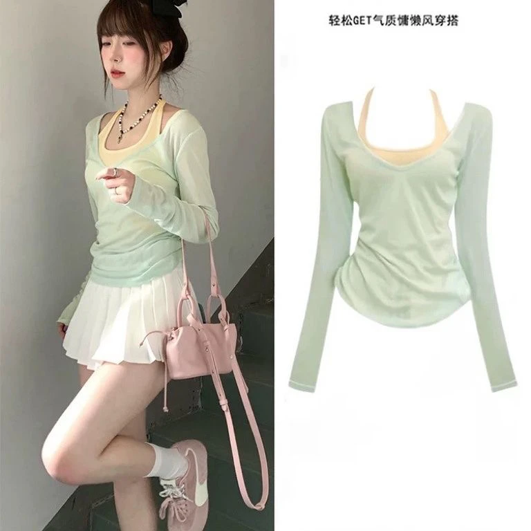 薄荷绿色罩衫薄纱多巴胺上衣女吊带两件套装网纱夏日轻薄防晒长袖