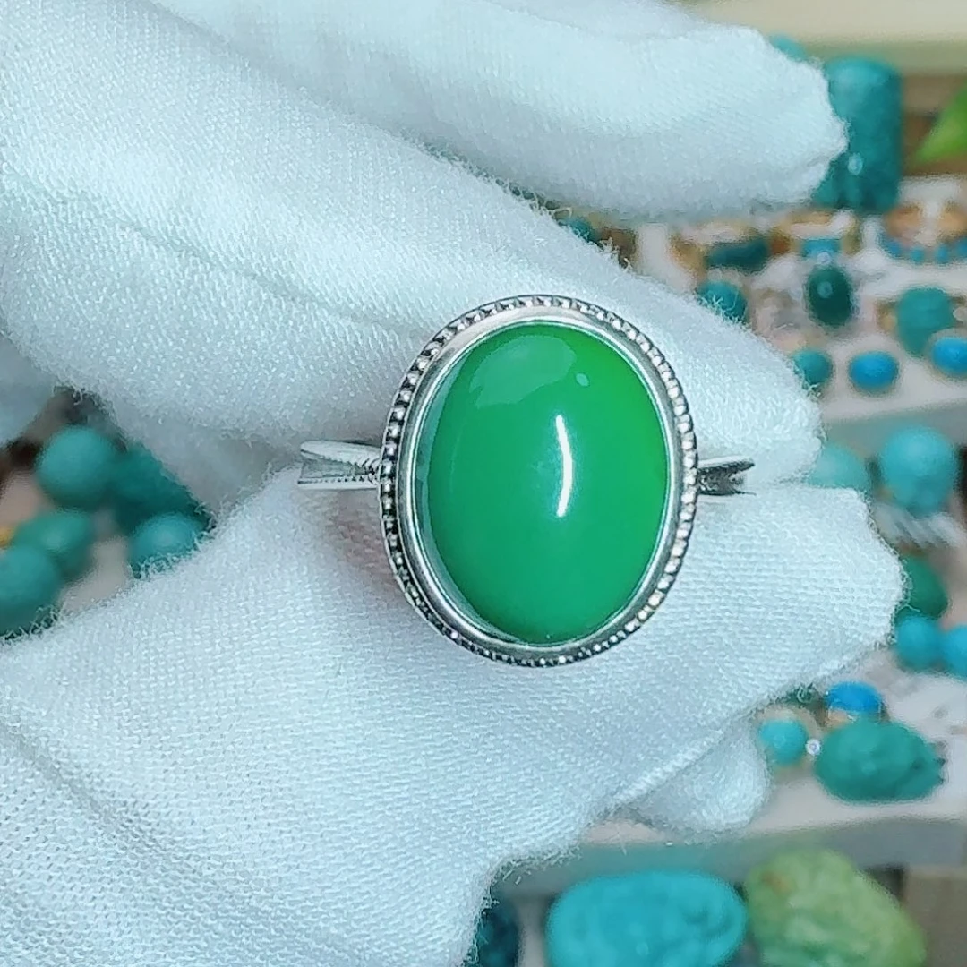 绿松石银S925镶嵌珠宝奇石饱满玉华绿戒指