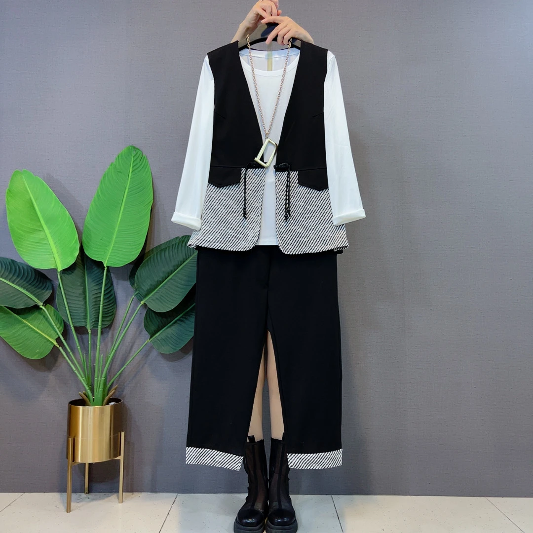 拼色马甲显瘦休闲气质三件套大码女装早春新款