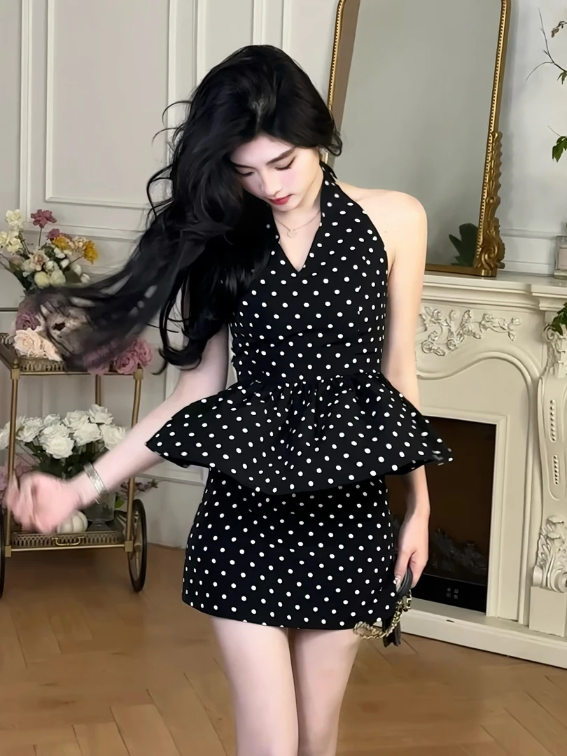 【vivi】法式波点度假感挂脖露背套装6113