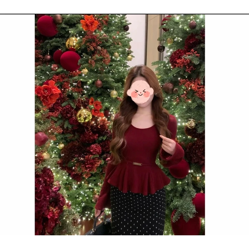 千金风卷边收腰打底内搭针织衫2025秋冬新款百搭漂亮波点半裙两件