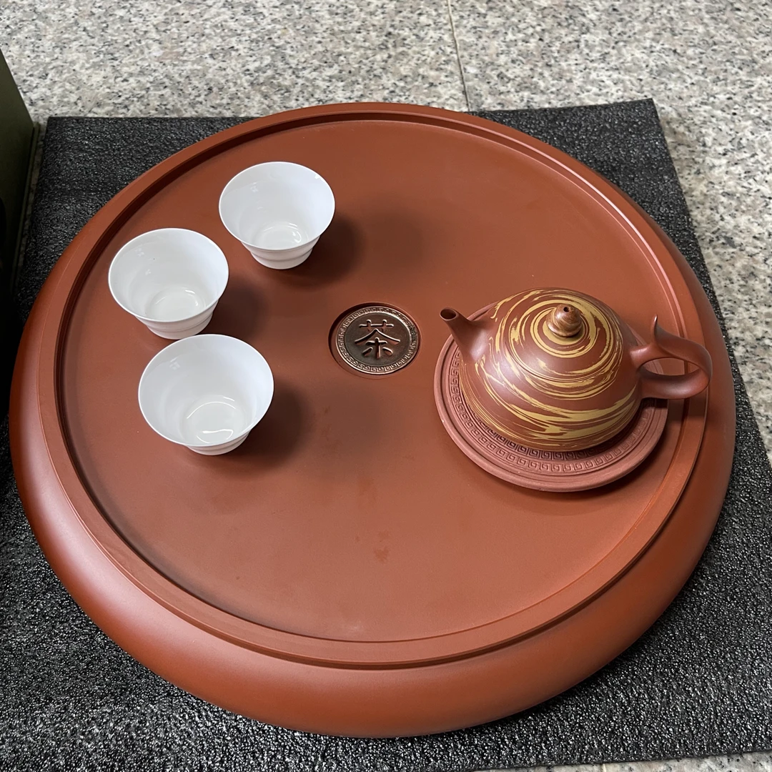 茶船仿明德园茶盘圆形紫砂干泡台茶盘纯手工排水式工夫茶储水式