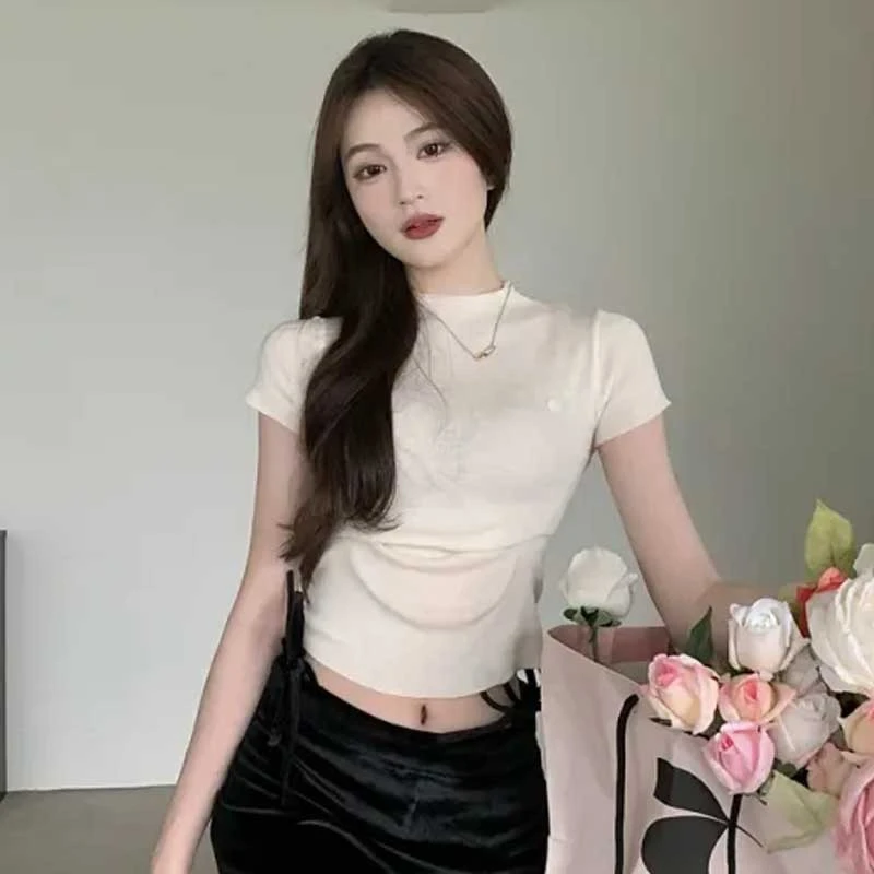 夏季新款韩系设计感性感辣妹半高领短款小众修身针织上衣t恤女