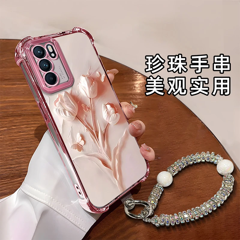 适用于【OPPO】Reno6Pro新款潮流蓝粉郁金香时尚质感防摔手机壳