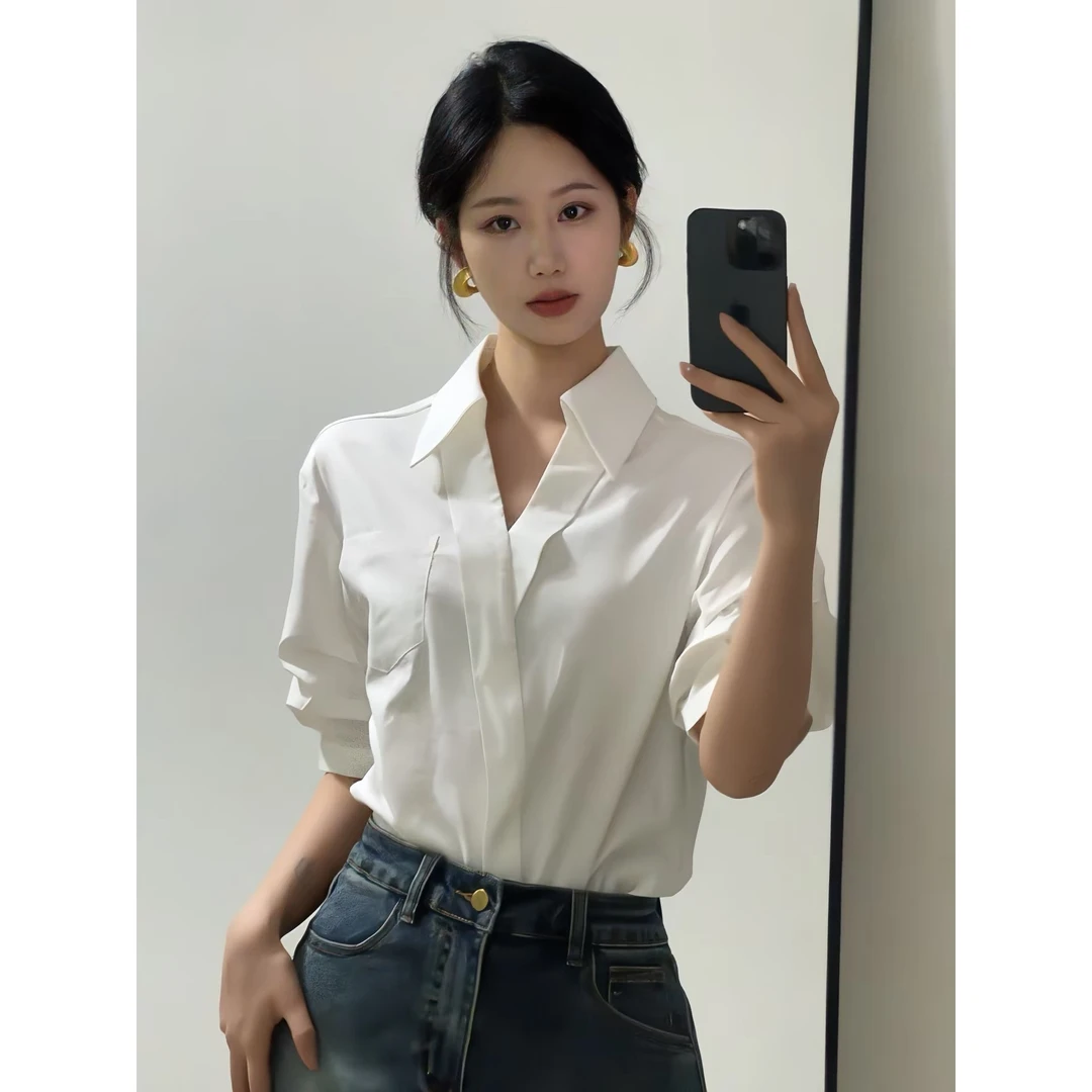 法式高级感正肩短袖衬衫女夏季小个子bf慵懒风小众不撞款半袖上衣