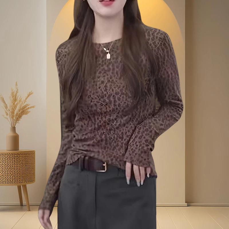 高级感豹纹长袖打底衫T恤女款2025新款气质修身显瘦圆领复古上衣