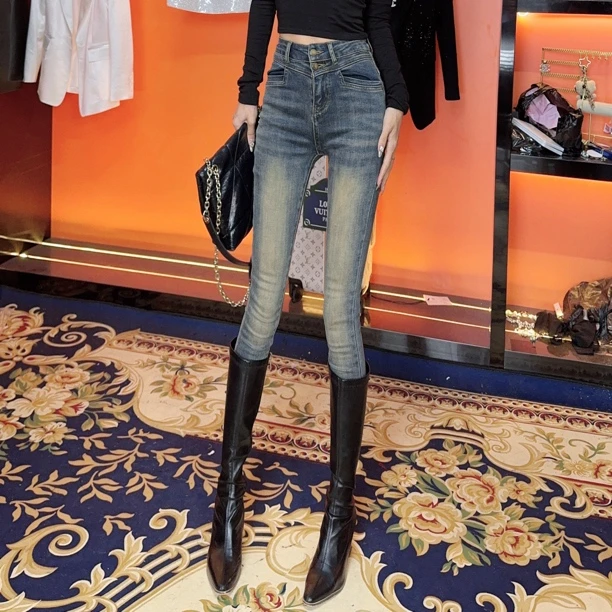 【茹哥】新款复古蓝后拉链显瘦紧身提臀百搭九分小脚牛仔裤8378