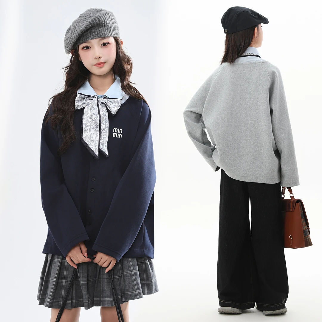 胖女童假两件卫衣春秋装中大童衬衫领开衫外套童装加肥加大码初中