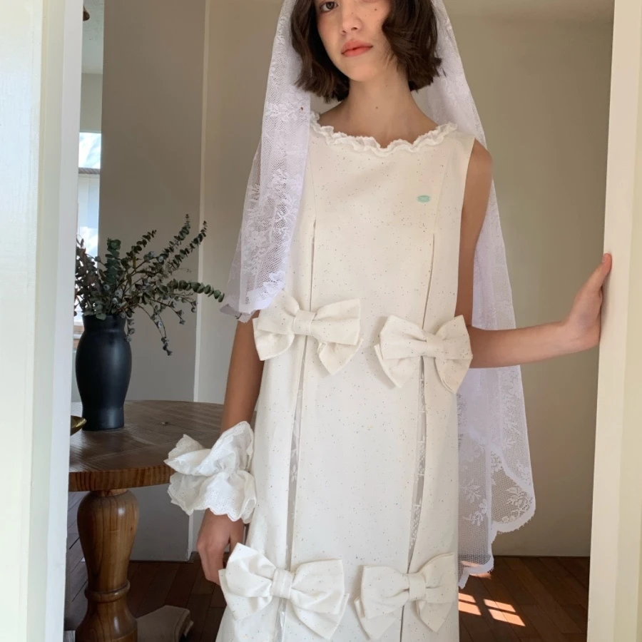 制造后花园*Herstory系列浪漫少女蝴蝶结装饰拼接蕾丝无袖连衣裙