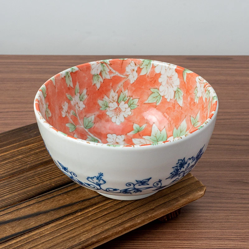 【单个】美浓烧日本进口陶瓷面碗家用日式网红木槿花面碗釉下彩餐具