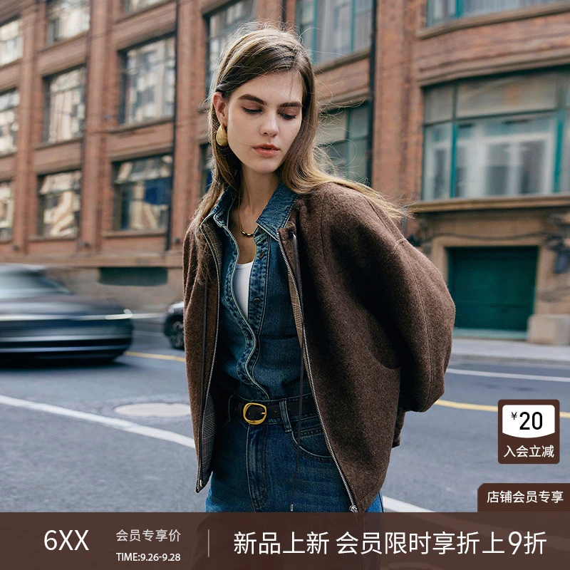 衣香丽影【9月26日新品】拼接短外套抽绳圆领复古羊毛夹克