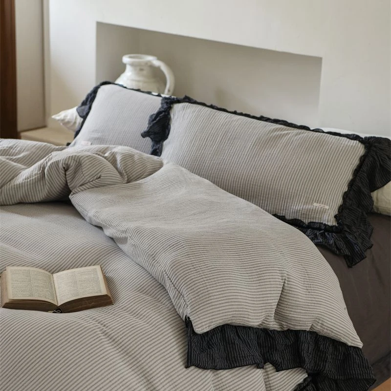 【素麻】】复古风条纹全棉双层纱荷叶花边款四件套-可可妮