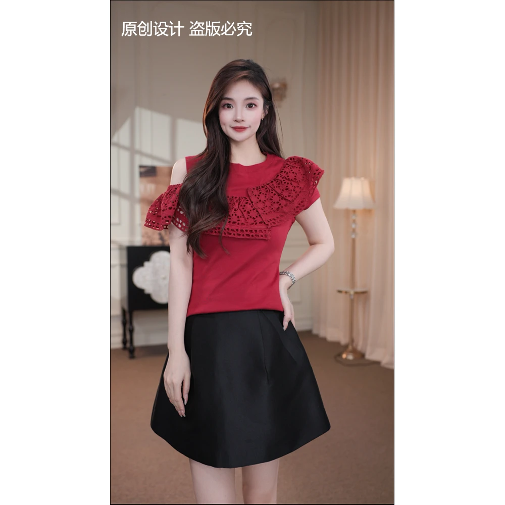 宁宁·玛格丽特·夏季新款气质漏肩镂空拼接显瘦短袖T恤-90907