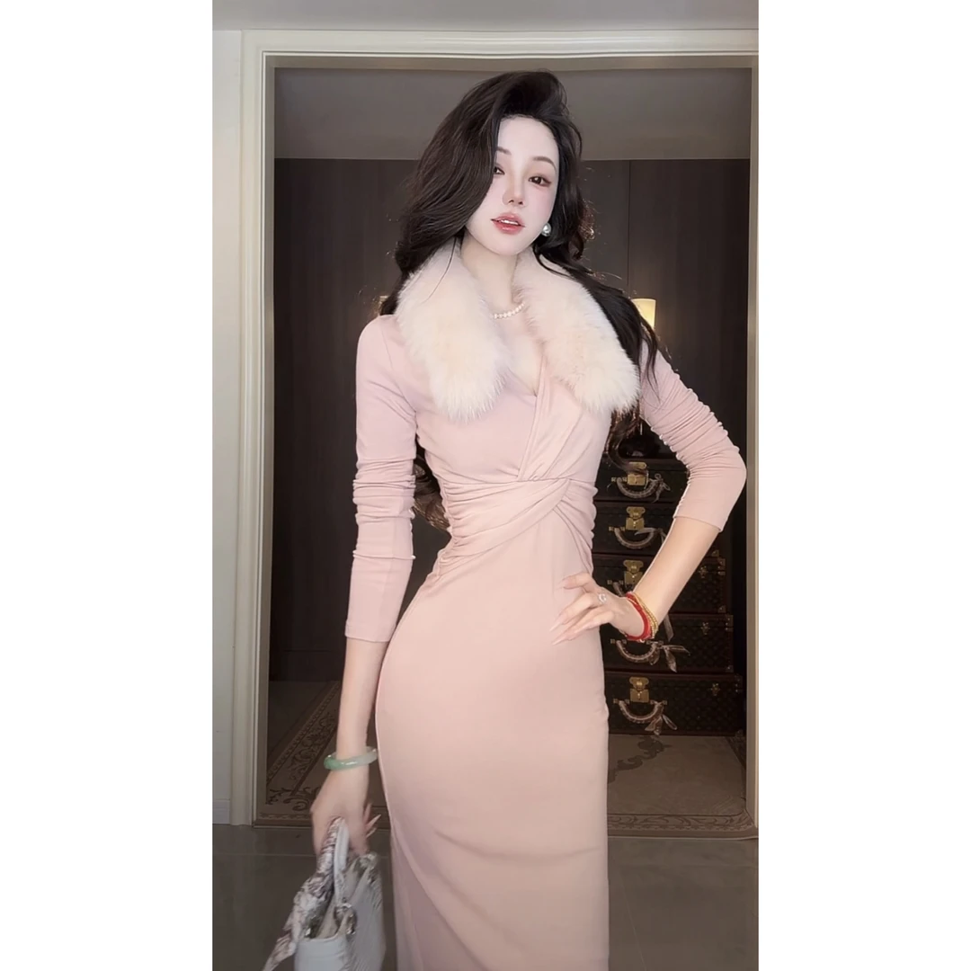 【雅乔定制】莓莓奶油 V领收腰扭结德绒长袖连衣裙DYLL-24066348