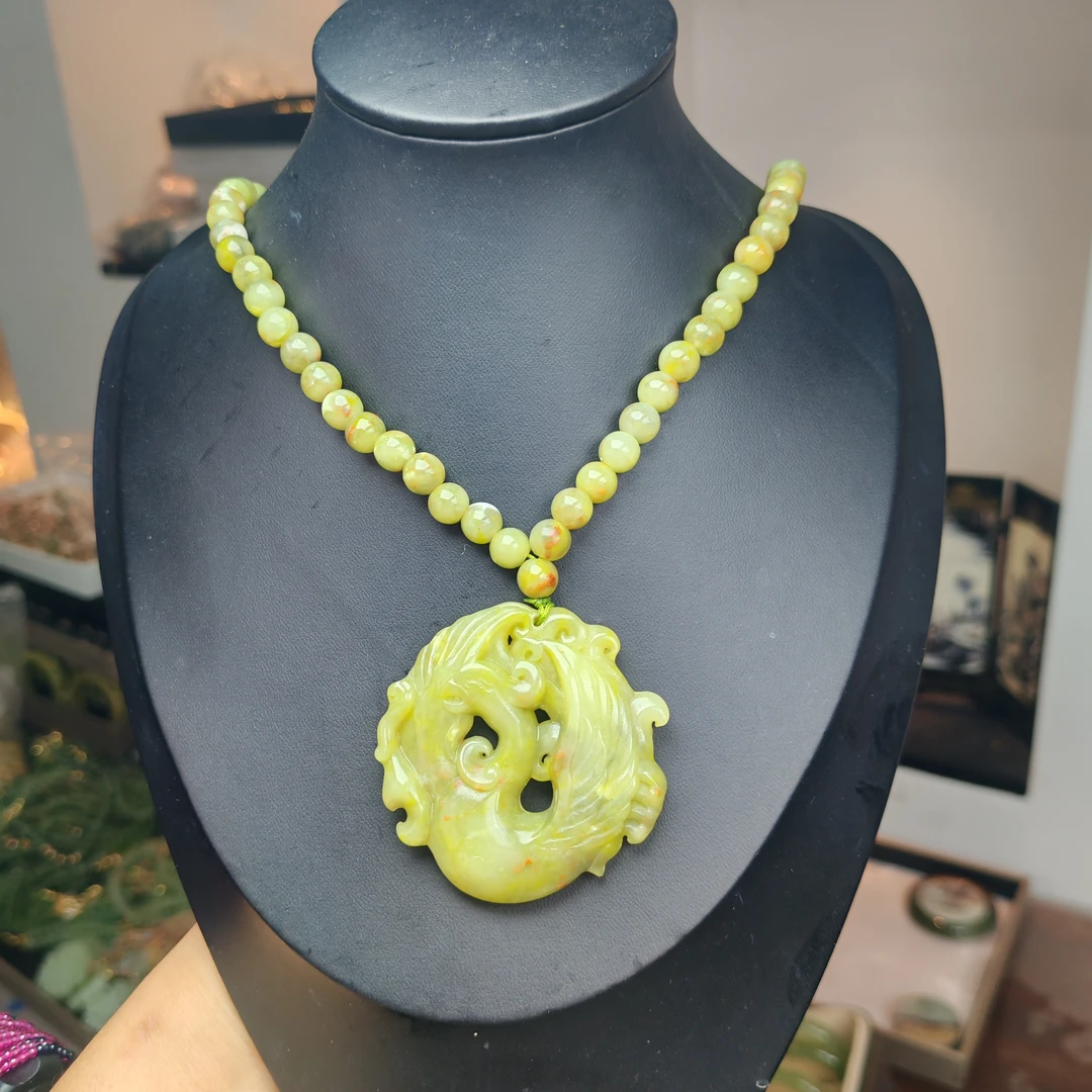 岫玉上品手工仙女散花凤凰挂件（全珠链）