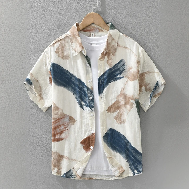 Cebrodz日系印花清新短袖衬衫男士时尚百搭文艺休闲宽松上衣潮流