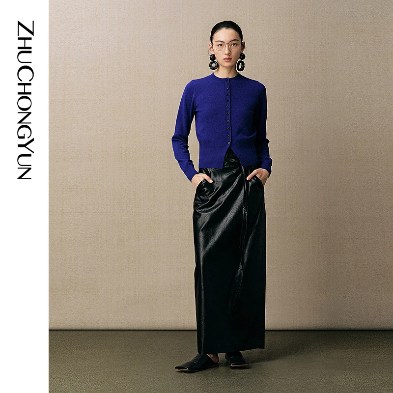 【米儿精选】ZHUCHONGYUN蓝色圆领绵羊毛针织上衣