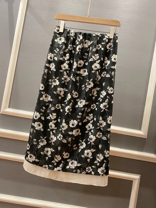 欧都梦·复古印花松紧腰女士温柔气质中长半身裙 80393