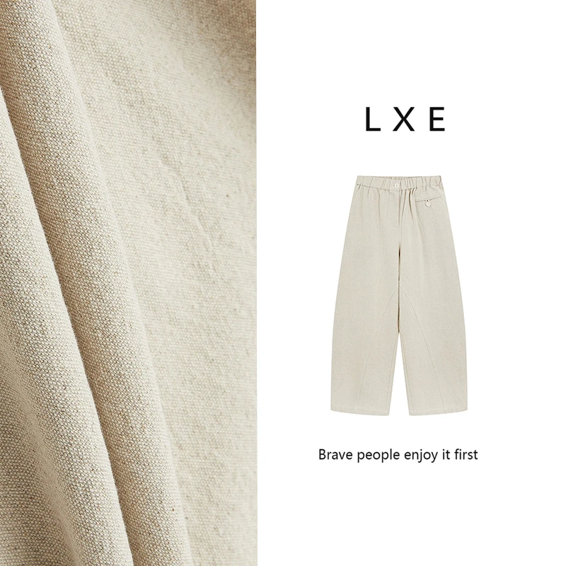 春装新款高腰微弹力阔腿裤亚麻裤复古宽松时尚款