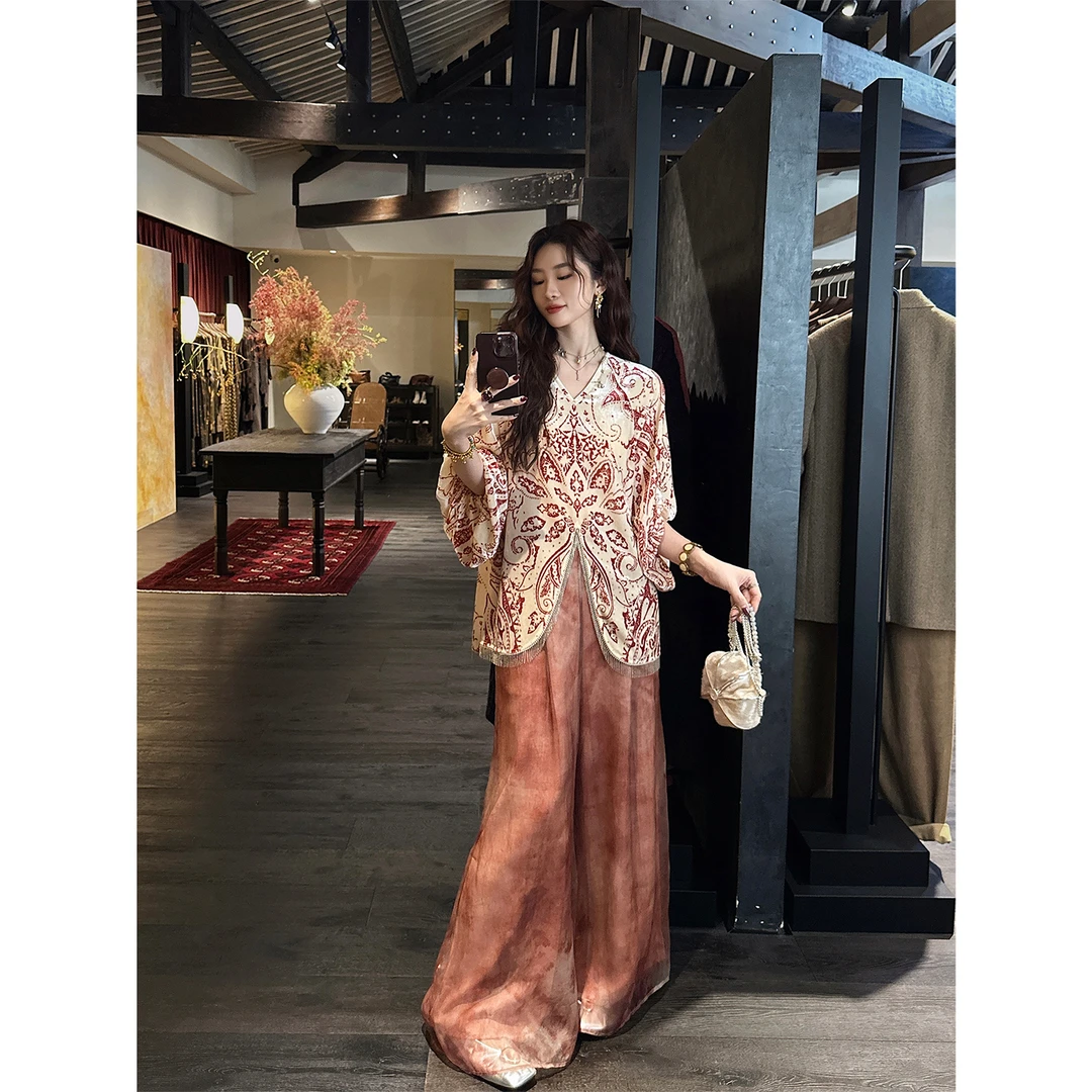 三吉黑花【厢房梦】100桑蚕丝多层晕染阔腿裤2025今年流行爆款