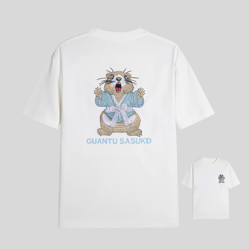 344土拨鼠重工国潮刺绣短袖T恤男女同款情侣宽松圆领半袖欧货