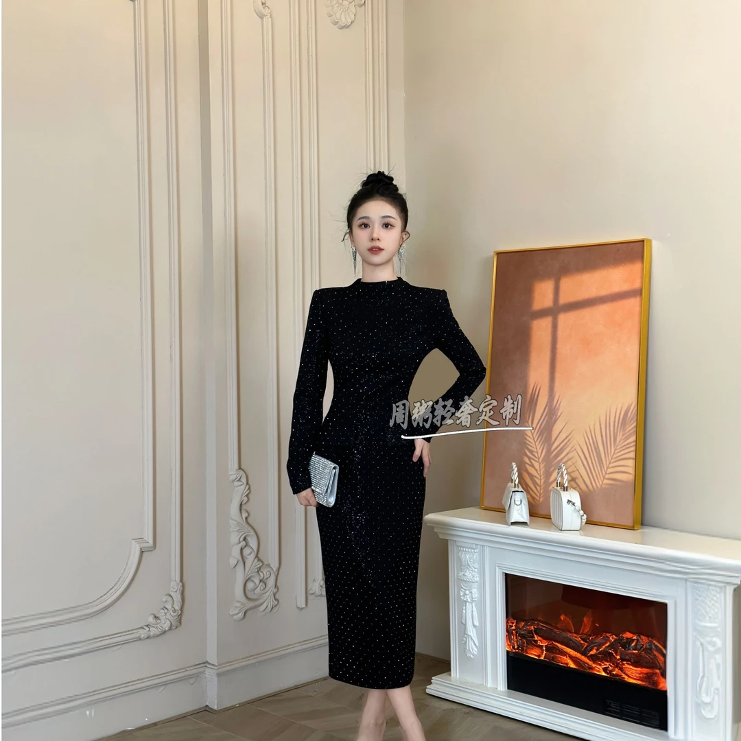 【周粥定制】星光烫钻年会轻奢修身气质爆闪百搭连衣裙21624