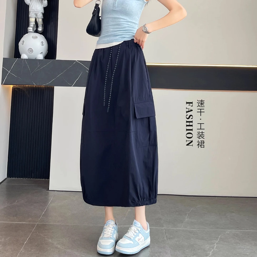 美式冰丝速干工装裙女夏季薄款2025新款高腰a字开叉中长款半身裙