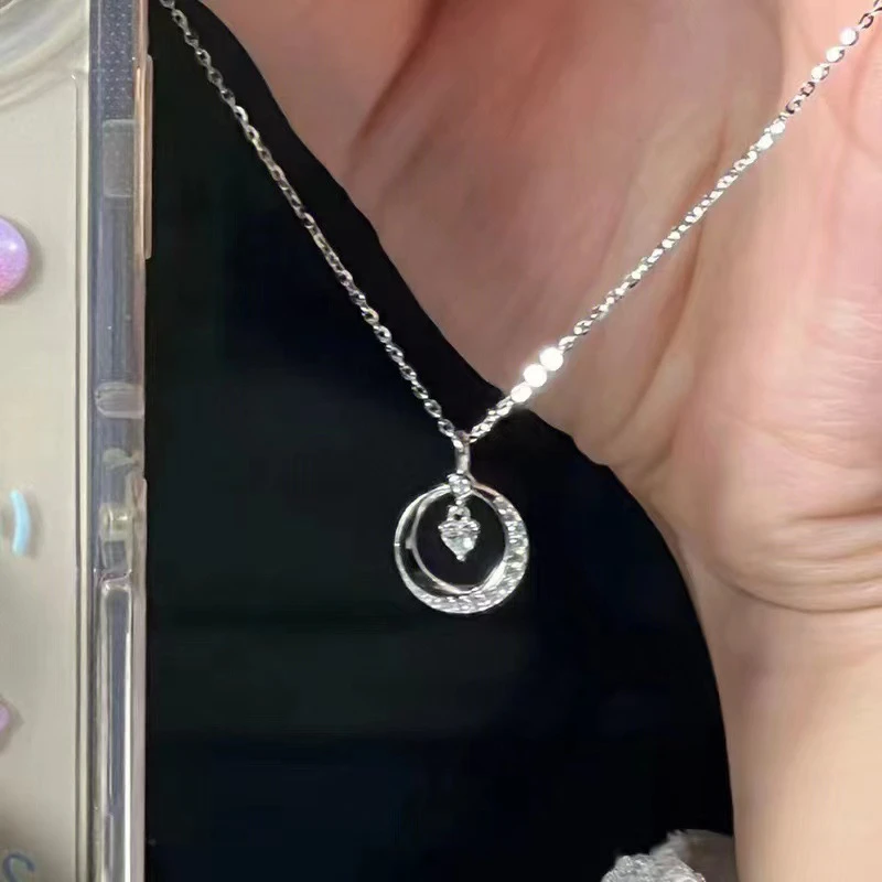 铜锆石项链 月亮爱心项链女轻奢小众设计感镶嵌锆石心形吊坠气质