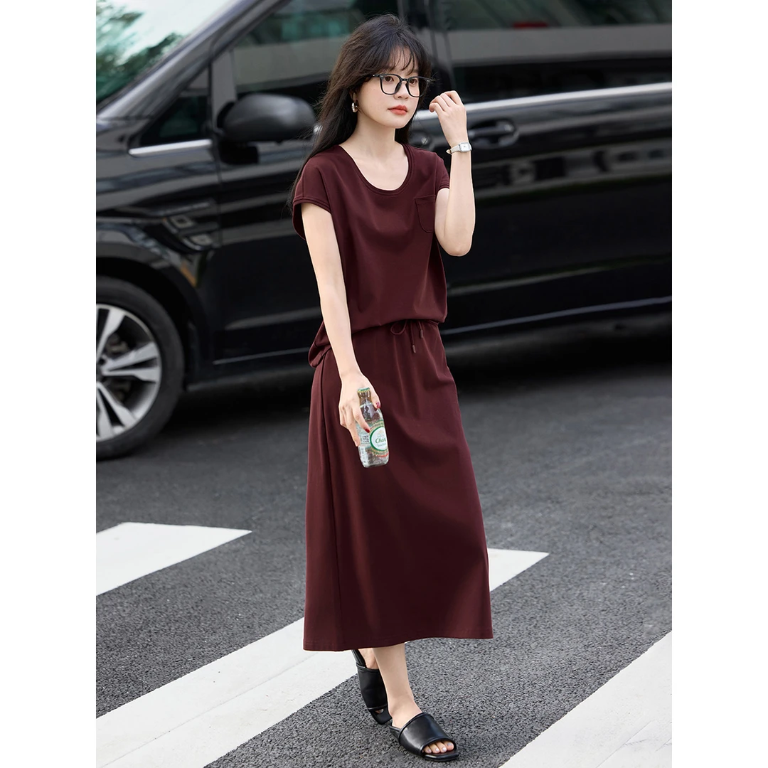 沫晗依美25夏款简约休闲气质大U领连肩袖T恤半身裙两件套装G3A006